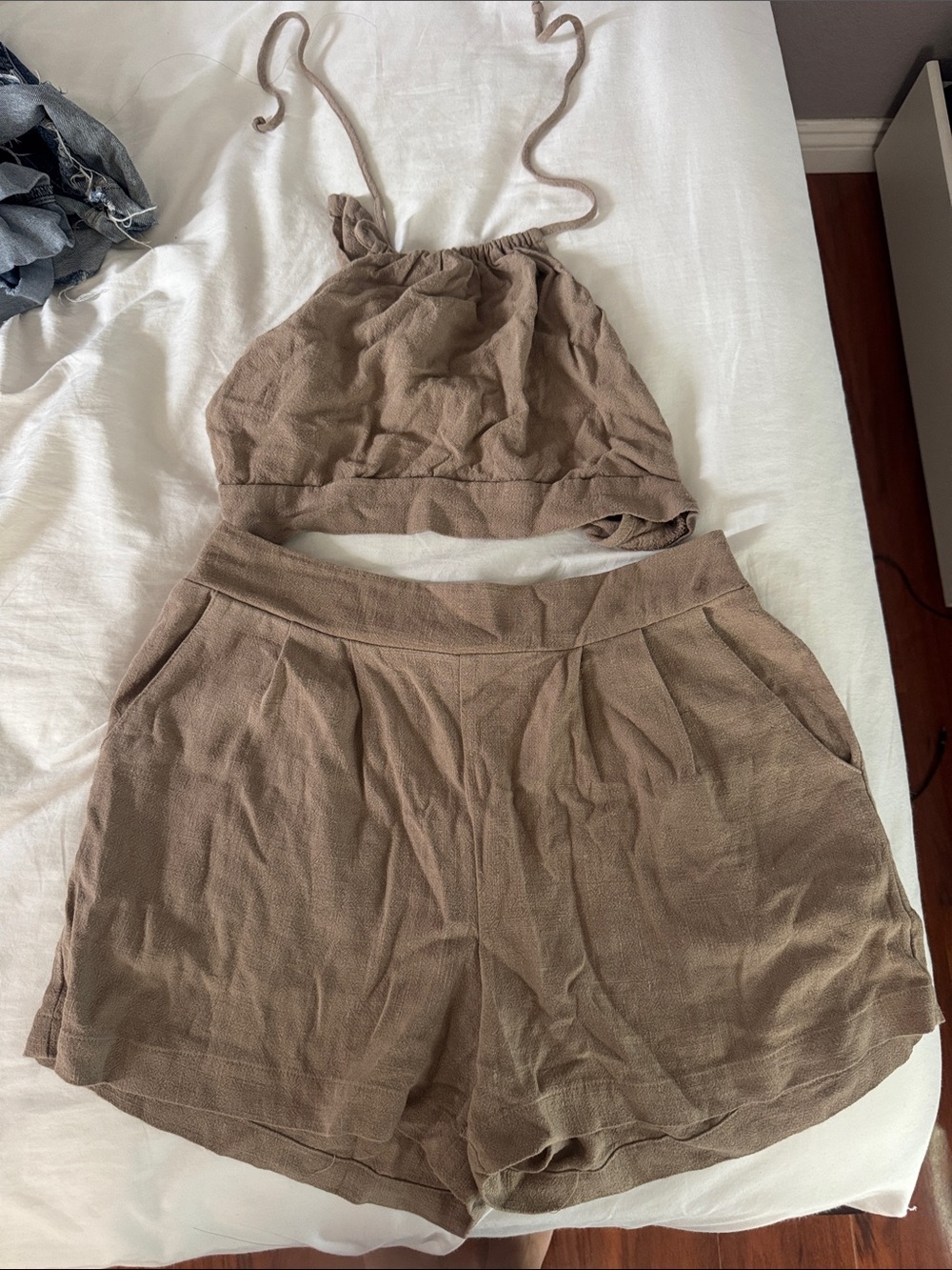 Women's Brown Linen-Blend Pull-On Shorts and halter